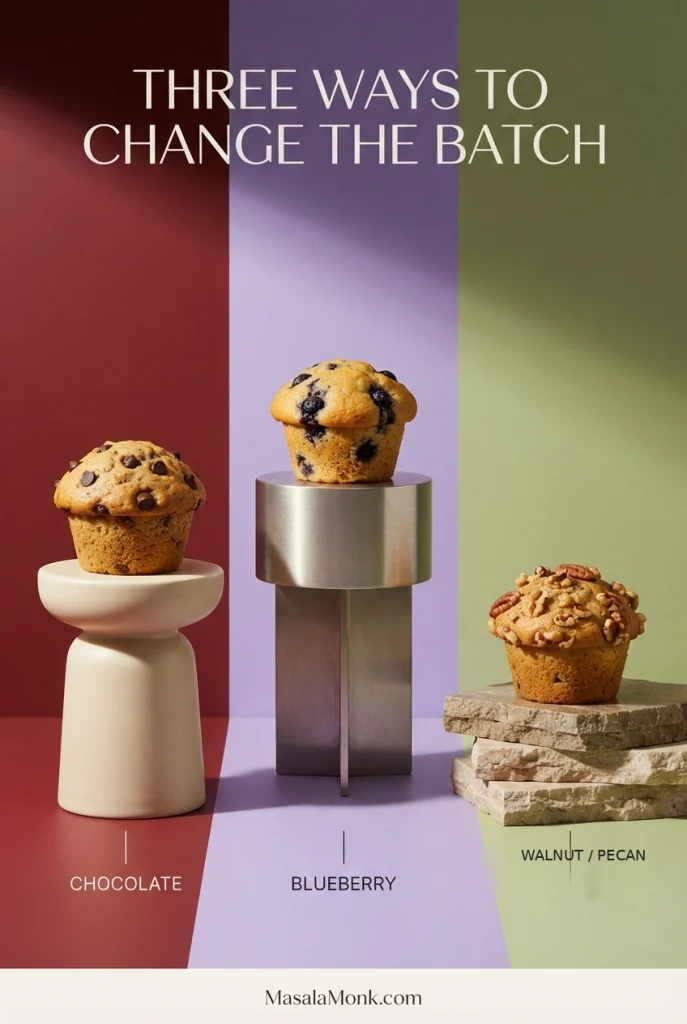 Three banana oatmeal muffins representing chocolate chip, blueberry, and walnut or pecan variations on colored stands.