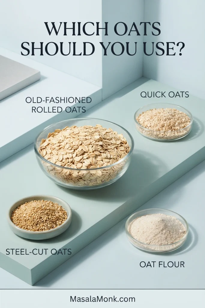 Four bowls labeled old-fashioned rolled oats, quick oats, steel-cut oats, and oat flour on a pale blue background.