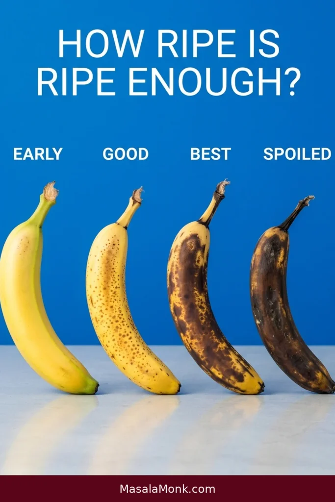 Four bananas labeled Early, Good, Best, and Spoiled show a progression from yellow-green skin to brown speckles, very dark ripe skin, and visibly spoiled fruit.