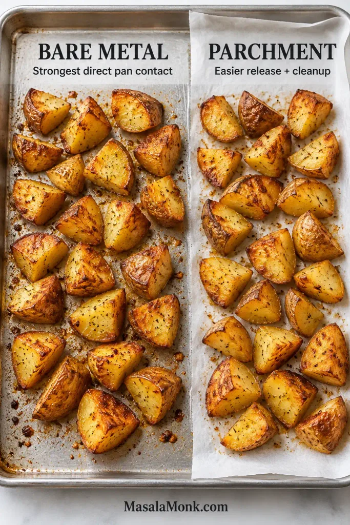Roasted potato chunks shown directly on a bare metal sheet pan beside similar potatoes resting on parchment paper.