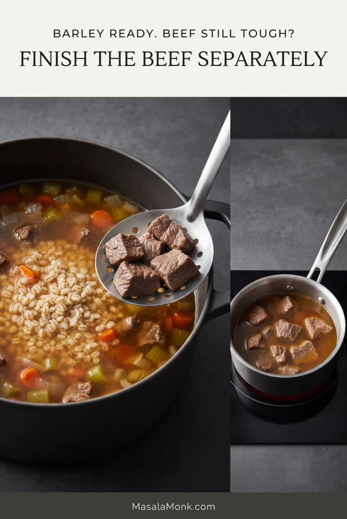 Split instructional graphic showing beef cubes lifted from beef barley soup and transferred to a small saucepan of broth to finish cooking separately.