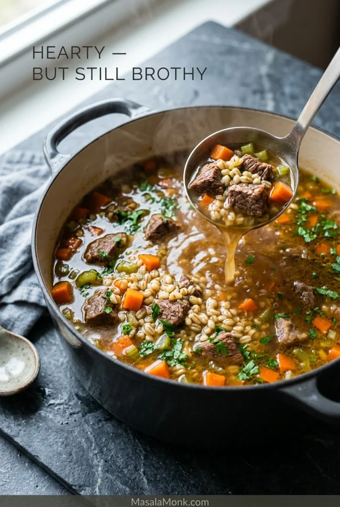 Dutch oven filled with beef barley soup as a ladle lifts beef, pearl barley, carrots and celery with brown broth visible around the ingredients.