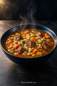 Steaming black bowl of beef barley soup with browned beef chunks, pearl barley, diced carrots, celery and parsley in deep brown broth.