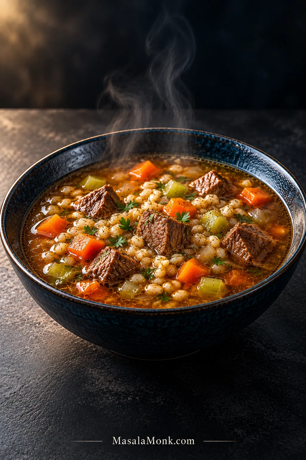 Steaming black bowl of beef barley soup with browned beef chunks, pearl barley, diced carrots, celery and parsley in deep brown broth.