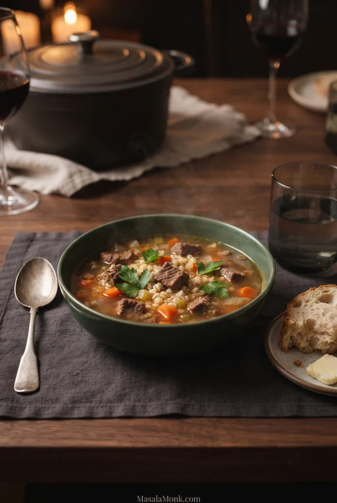 Green bowl of beef barley soup with beef, pearl barley, carrots, celery and parsley on a dining table beside bread and a spoon.