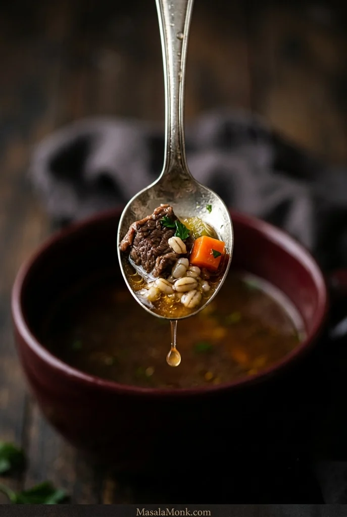 Close-up spoonful of beef barley soup containing a beef chunk, pearl barley, carrot and celery above a dark bowl of broth.