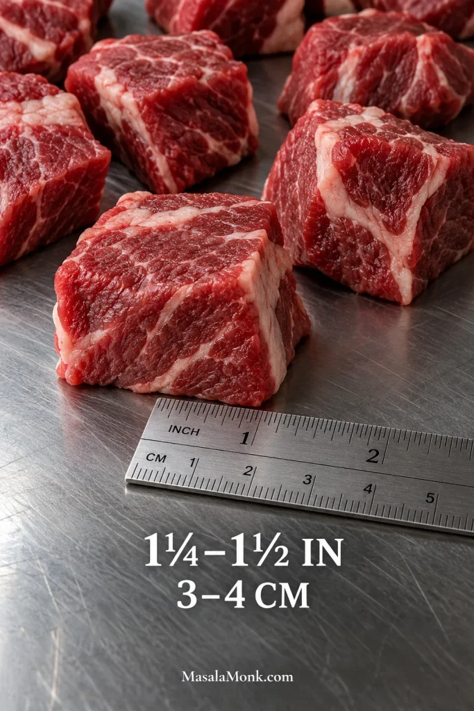Raw chuck beef pieces beside a metal ruler showing pieces about 1¼ to 1½ inches, or 3 to 4 centimeters, across.