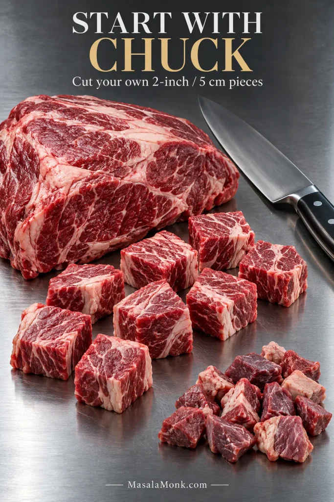 Raw chuck roast with large evenly cut beef pieces beside smaller irregular pieces of stew meat on a metal surface.