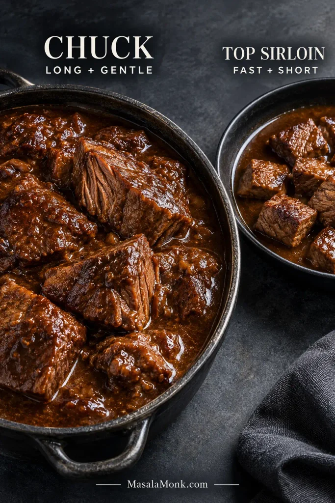 Large braised chuck pieces in brown gravy beside smaller, leaner top sirloin pieces in a separate pan for comparison.