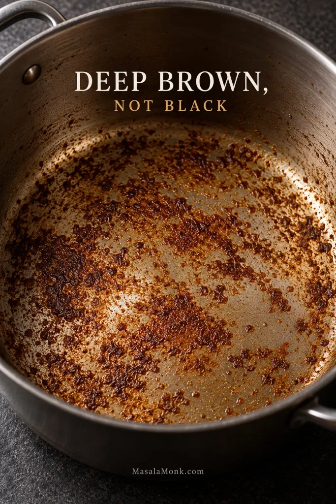 Deep brown beef fond adhered to the bottom of a metal cooking pot, with visible metal between the browned deposits.
