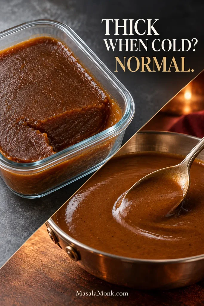 Firm chilled beef gravy in a glass container beside the same brown gravy reheated until smooth in a metal pan.
