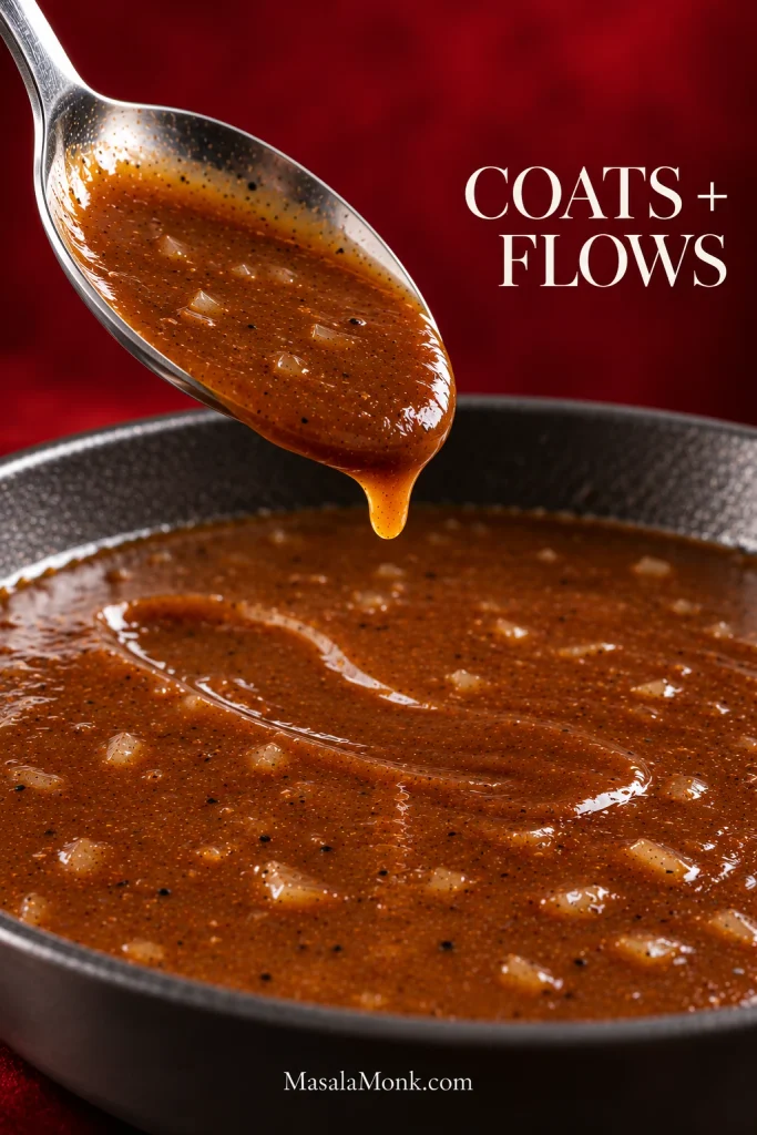 Brown beef gravy coating a stainless spoon above a shallow pan, with a soft trail visible across the gravy surface.