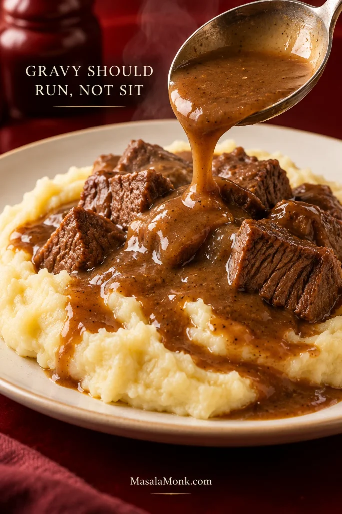 Brown gravy being spooned over intact beef tips and creamy ridged mashed potatoes on a light plate.