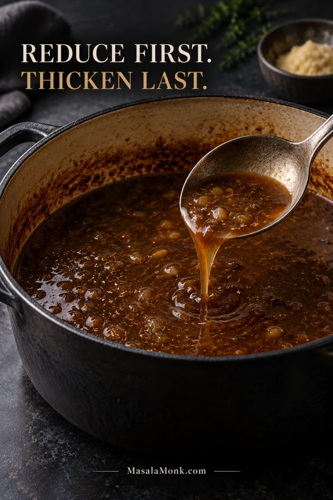 Reduced brown braising liquid in a pot after the beef has been removed, still visibly looser than finished gravy.