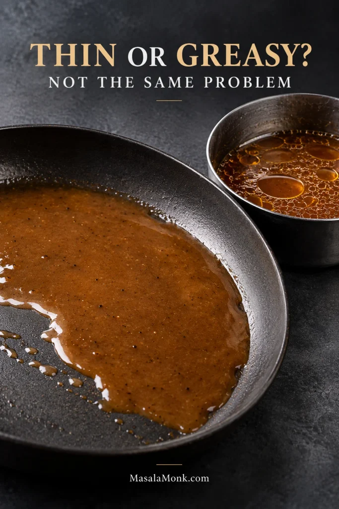 Thin brown gravy spread across one pan beside gravy with distinct droplets of separated fat floating on the surface.