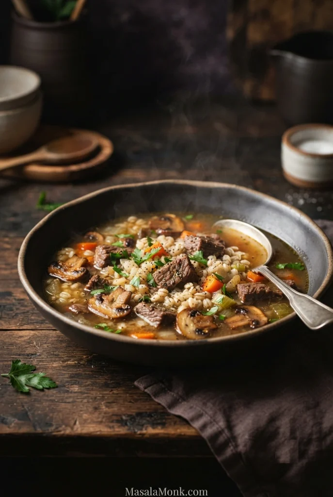 Bowl of beef mushroom barley soup with browned beef pieces, sliced mushrooms, pearl barley, carrots, celery and parsley in brown broth.