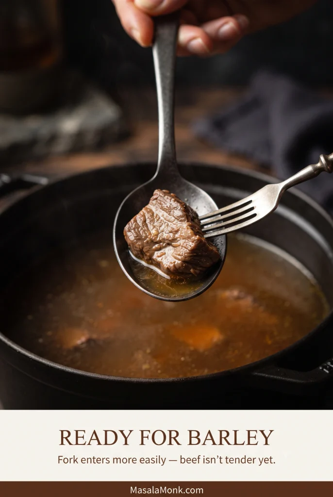 Fork testing a cube of simmered beef above a spoon and pot of broth. The graphic says the beef should begin softening before pearl barley is added.
