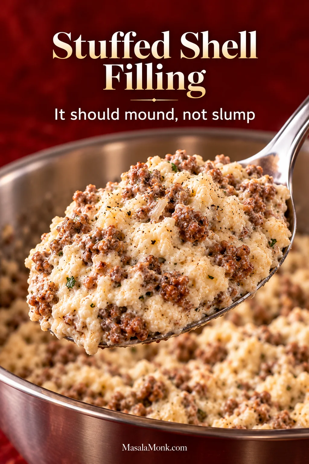 Large spoon holding thick ricotta filling mixed with small browned ground beef crumbles, showing a creamy mixture that holds its shape.