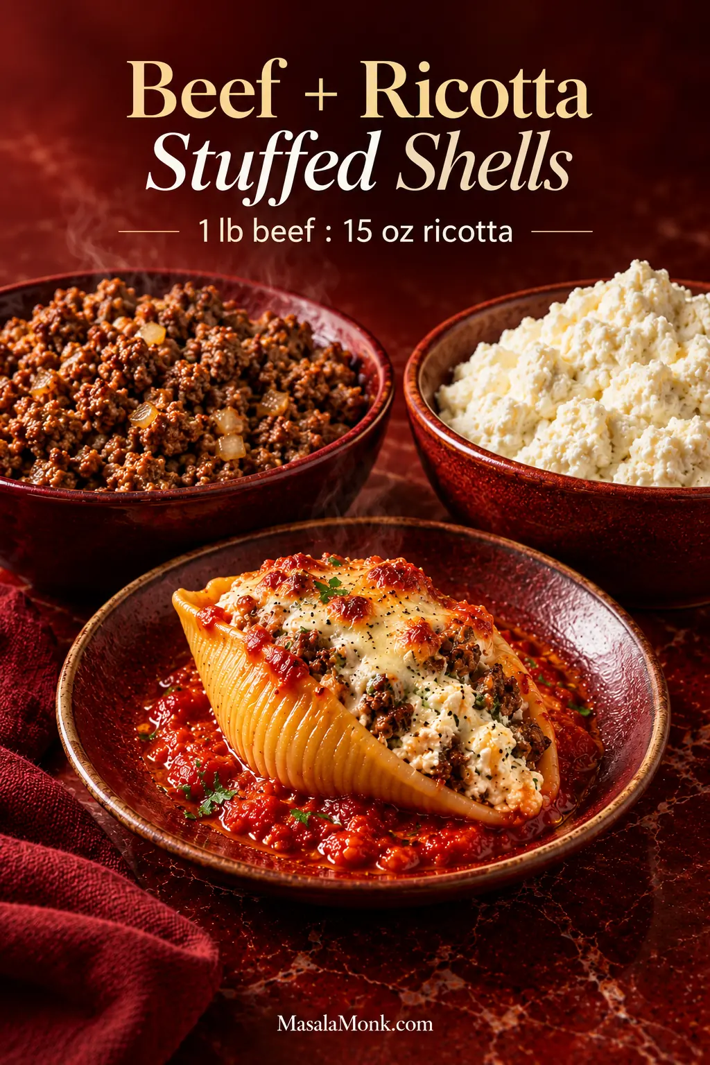 Bowls of browned ground beef and plain ricotta beside a finished stuffed shell, illustrating a one-pound beef to 15-ounce ricotta ratio.