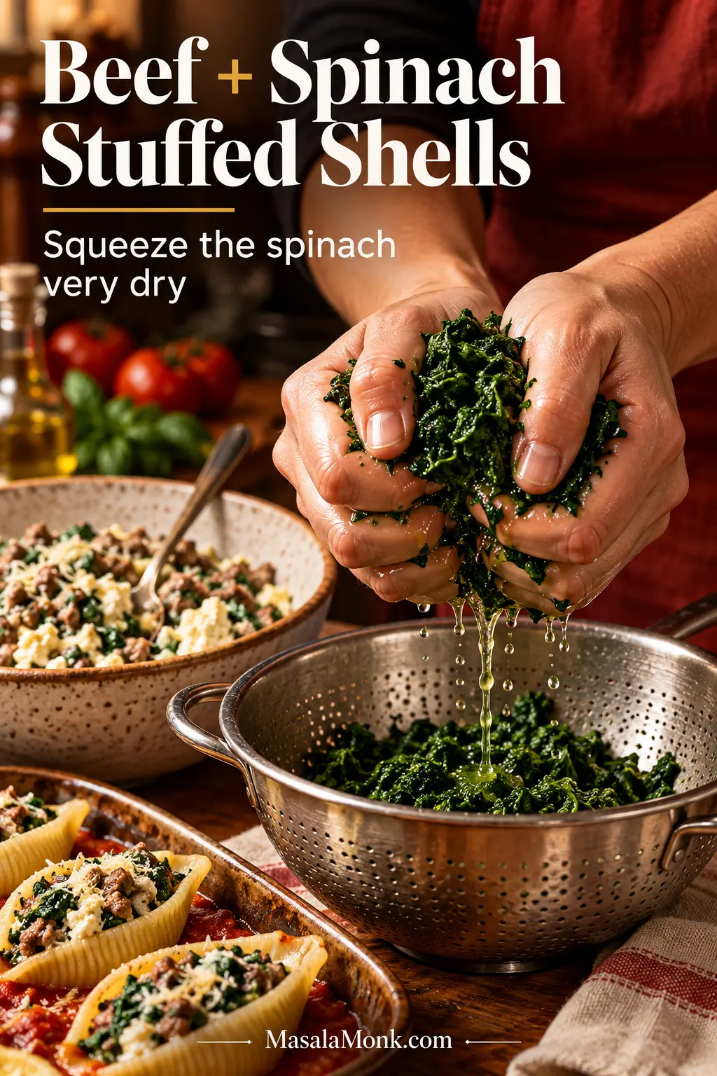 Hands squeezing water from thawed chopped spinach over a metal colander, with beef-and-ricotta filling and spinach-stuffed shells nearby.