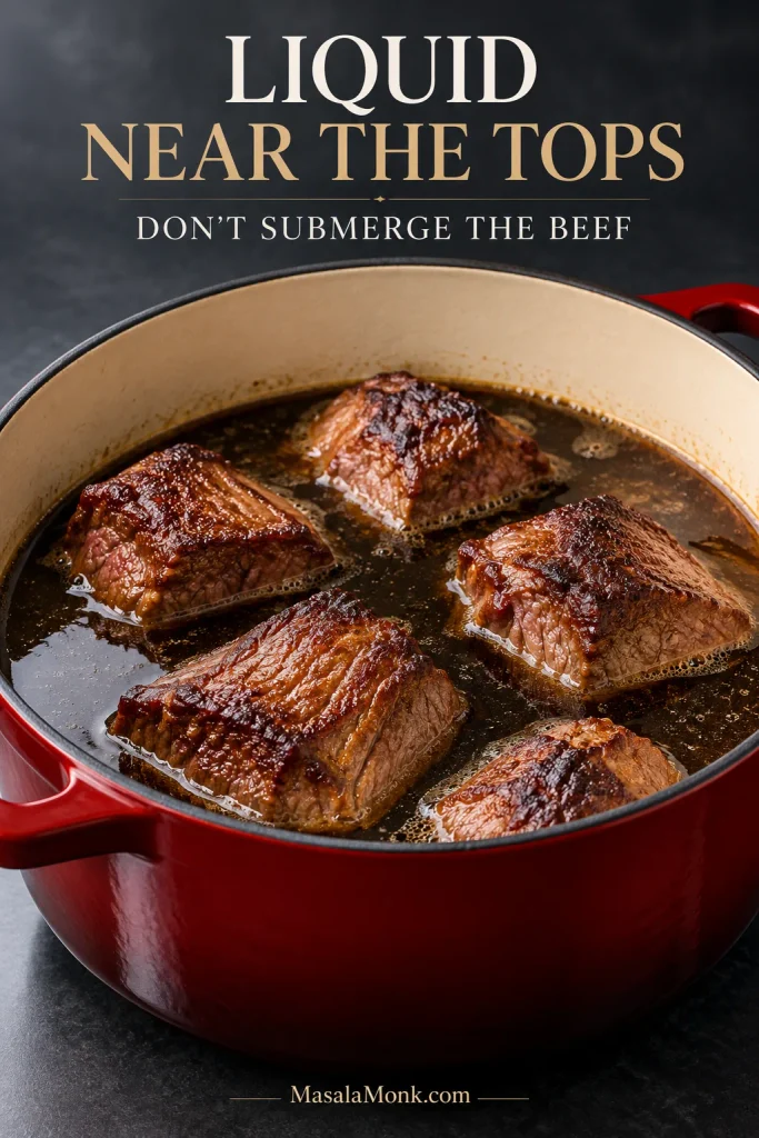 Large beef chunks in a red Dutch oven with dark braising liquid reaching close to but not covering the tops of the meat.