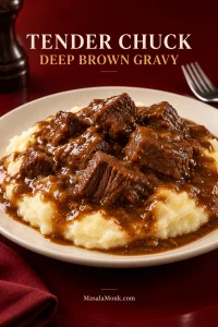 Tender braised beef tips covered with deep brown gravy and served over ridged mashed potatoes on a light plate.