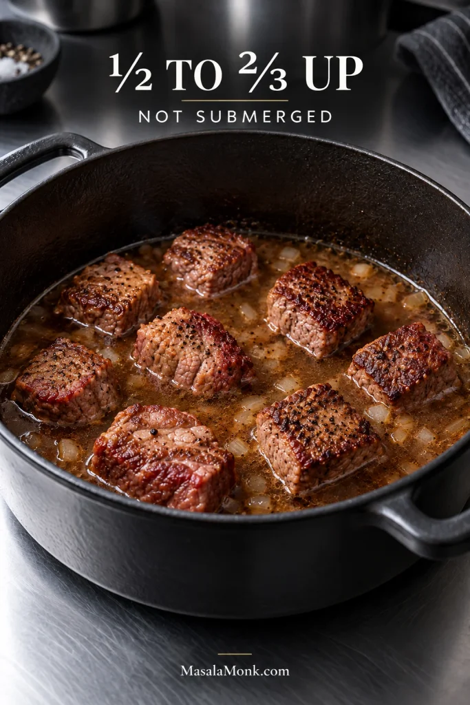 Browned beef pieces in a Dutch oven with thin brown braising liquid reaching about halfway to two-thirds up the meat.
