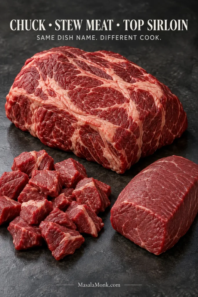 Raw boneless chuck roast, irregular stew meat pieces and a leaner top sirloin cut arranged together for comparison.