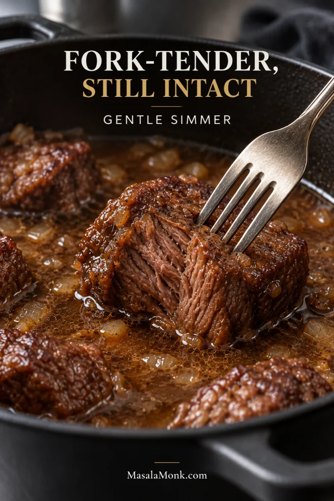 Fork entering a fully cooked braised chuck piece with moist brown fibers while the surrounding braising liquid gently simmers.