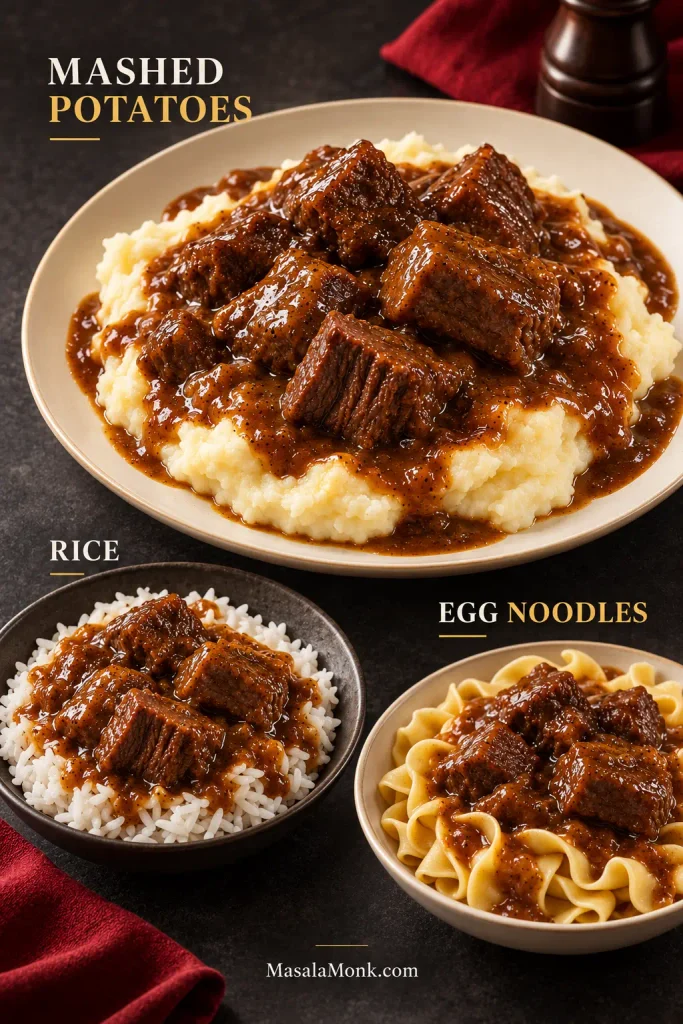Beef tips and brown gravy served three ways over mashed potatoes, white rice and broad egg noodles.