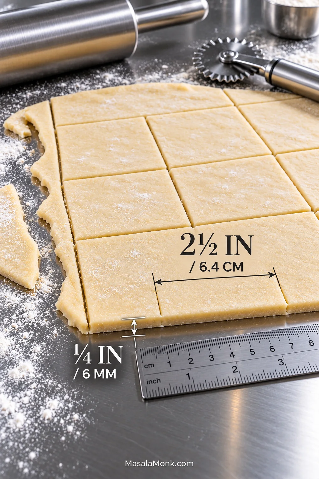 Thin sheet of beignet dough on a stainless-steel counter, cut into squares beside a ruler and pastry wheel. Measurement labels show ¼ inch (6 mm) thickness and 2½ inches (6.4 cm) width.