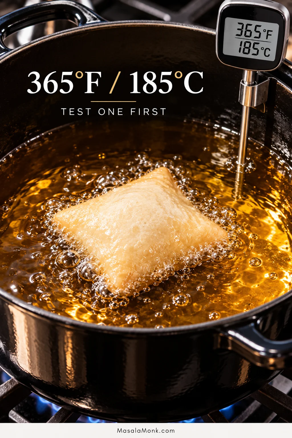 Single pale square of beignet dough beginning to puff near the surface of bubbling oil in a black pot, beside a digital thermometer displaying 365°F and 185°C. Text also reads “Test One First.”