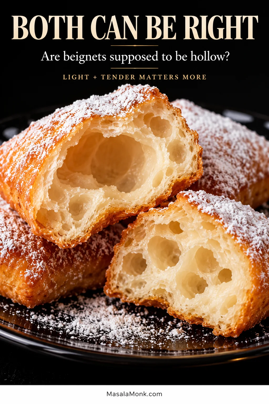 Two cut-open powdered-sugar beignets showing different cooked interiors: one has a large irregular air chamber and the other has several smaller air cells. Text reads “Both Can Be Right.”