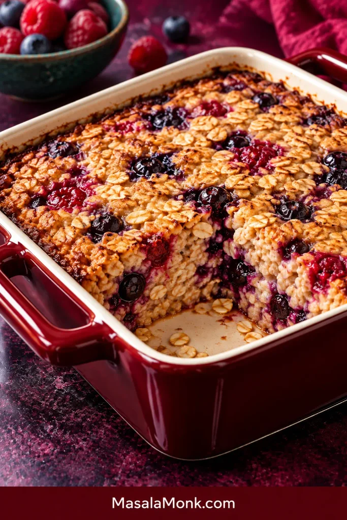 Golden baked oatmeal with blueberries and mixed berry pockets baked throughout, with localized purple-red juices around some fruit.