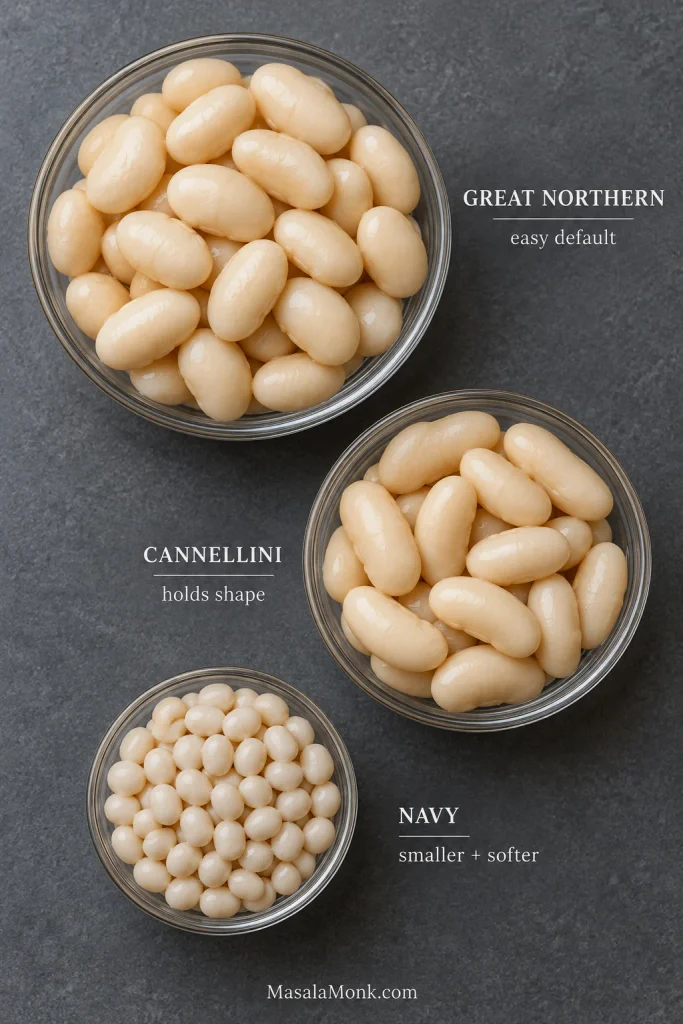Great Northern, cannellini and navy beans shown side by side, with cannellini longer and navy beans noticeably smaller.