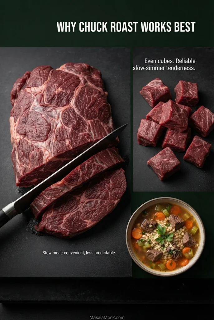 Food guide showing a raw chuck roast, evenly cut beef cubes and a finished bowl of beef barley soup, with text explaining why chuck is preferred for a long simmer.