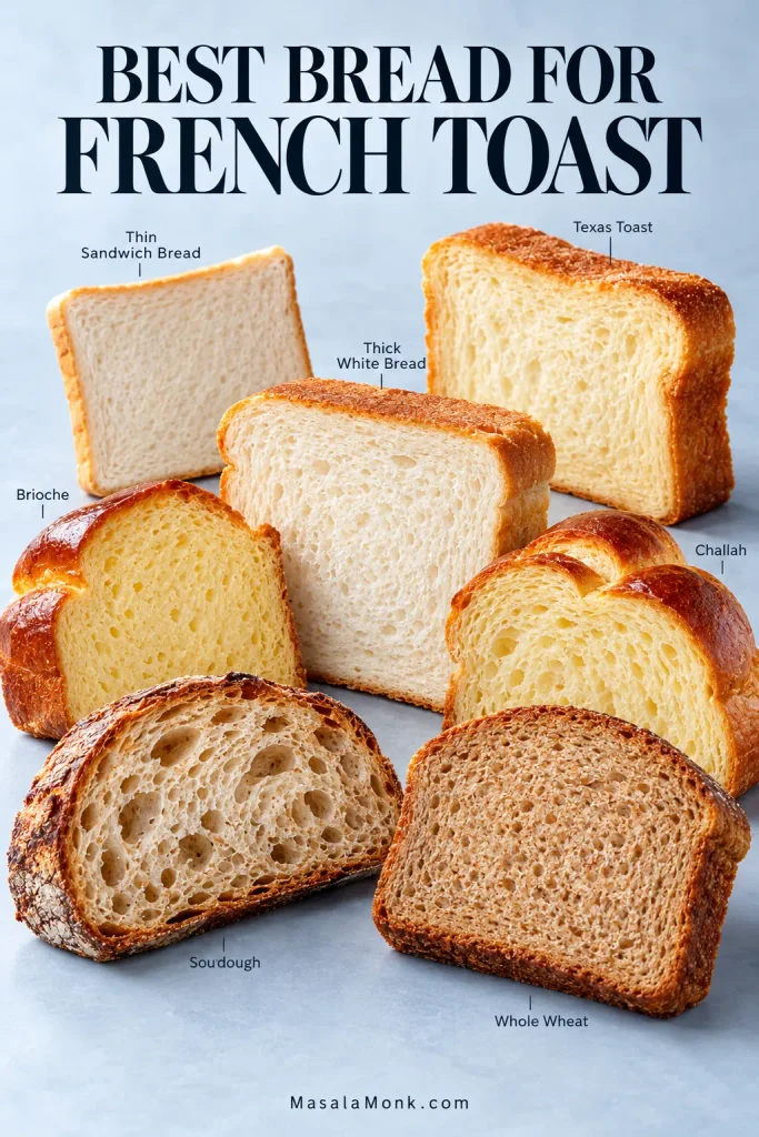 Seven bread types arranged on a pale background and labeled thin sandwich bread, thick white bread, Texas toast, brioche, challah, sourdough and whole wheat.