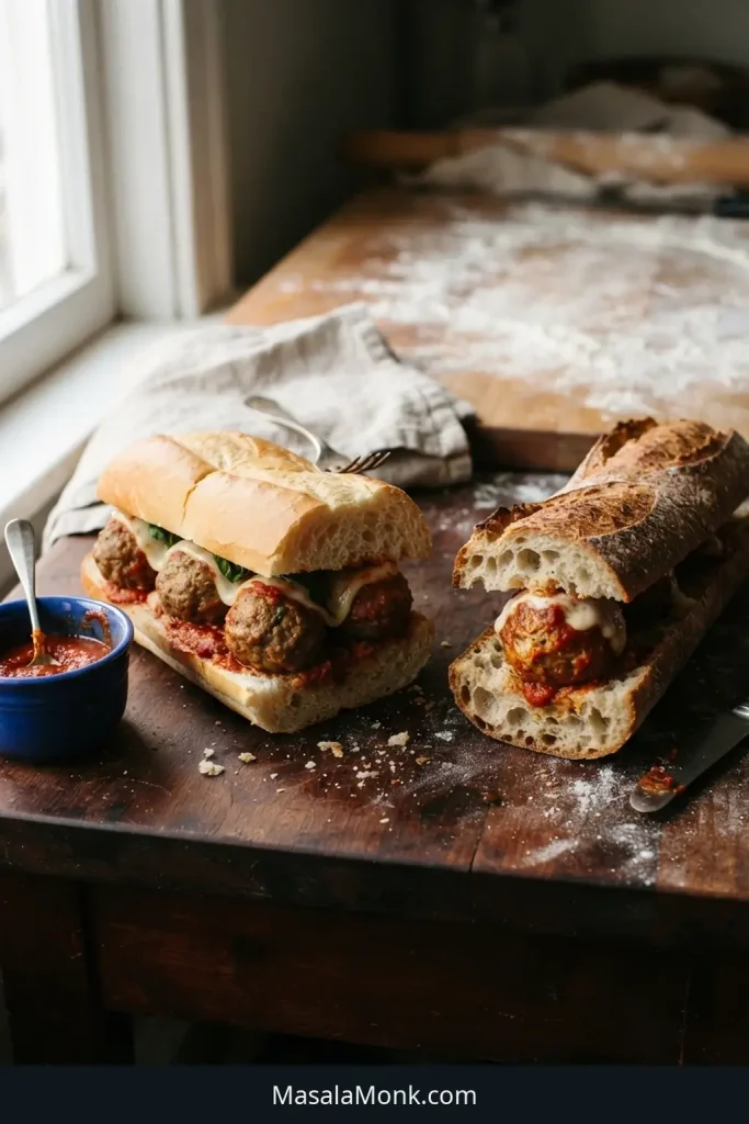 Soft hoagie roll holding meatballs beside a harder baguette-style roll, showing differences in crust thickness and crumb structure.