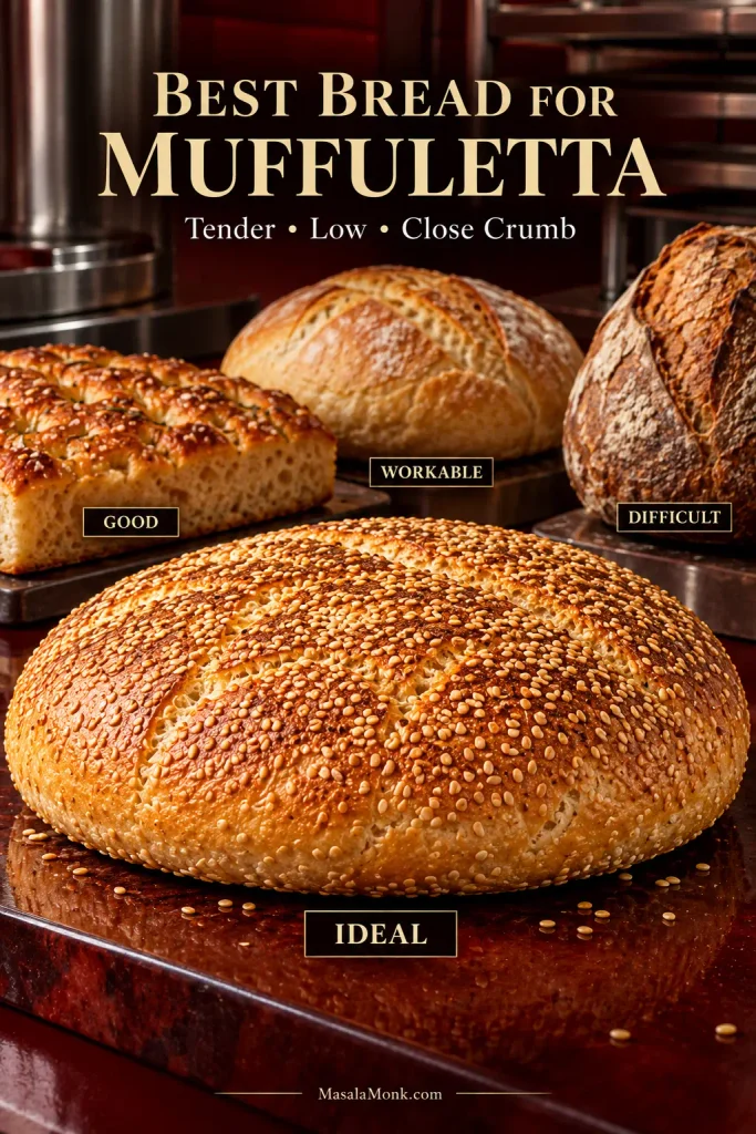 Broad low sesame loaf compared with focaccia, a softer boule and a taller crusty loaf.