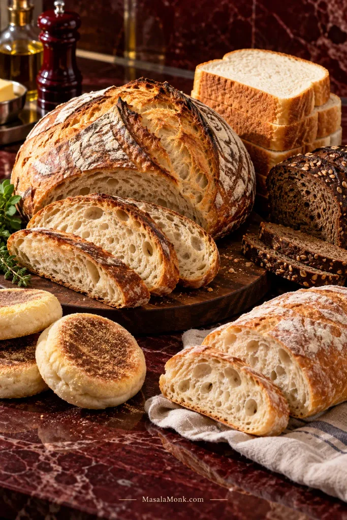 Selection of breads for tuna melts, with sourdough prominent alongside white bread, rye, an English muffin, and ciabatta.