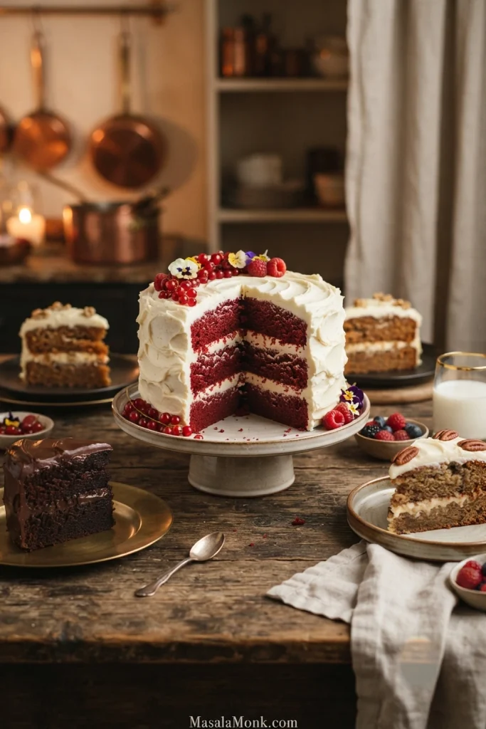 Red velvet, chocolate, carrot-spice and banana cakes served with pale whipped cream cheese frosting.