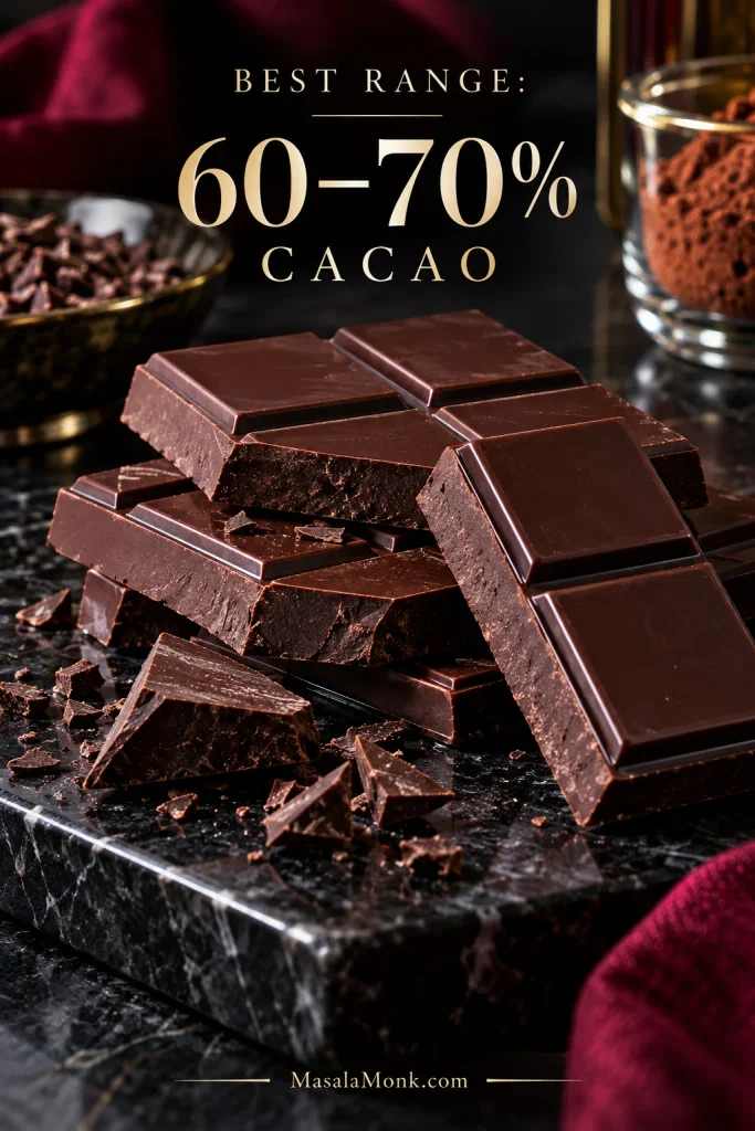 Dark chocolate pieces beside a slice of flourless chocolate cake, with a graphic highlighting the recommended 60–70% cacao range.