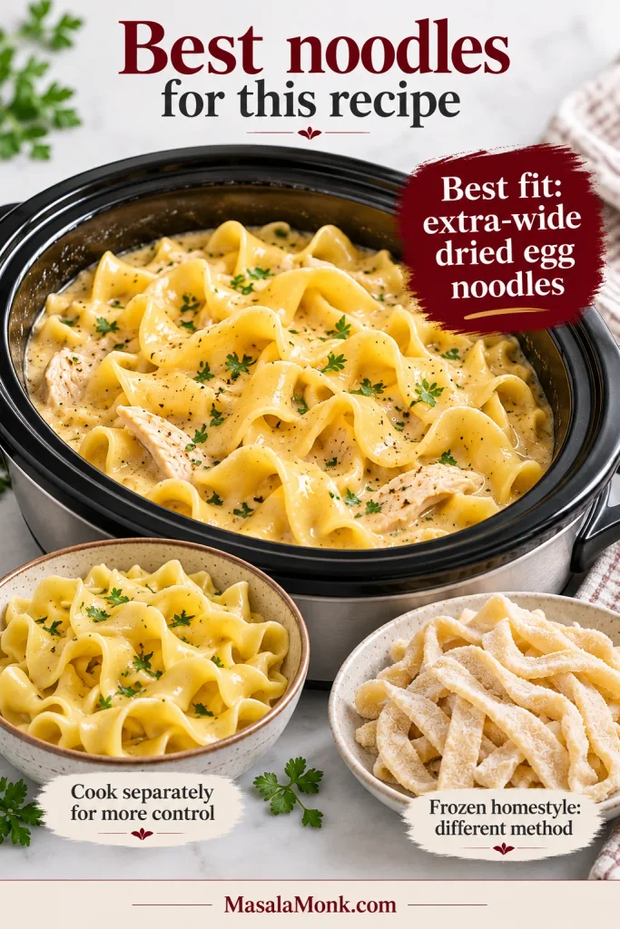Comparison of dried extra-wide egg noodles, separately cooked egg noodles, and thicker frozen homestyle noodles for chicken and noodles.