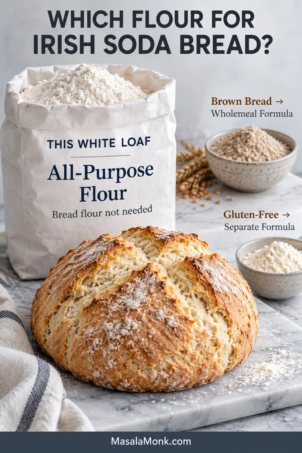 All-purpose flour and a white soda bread loaf shown as the main choice, with smaller wholemeal and gluten-free flour references.