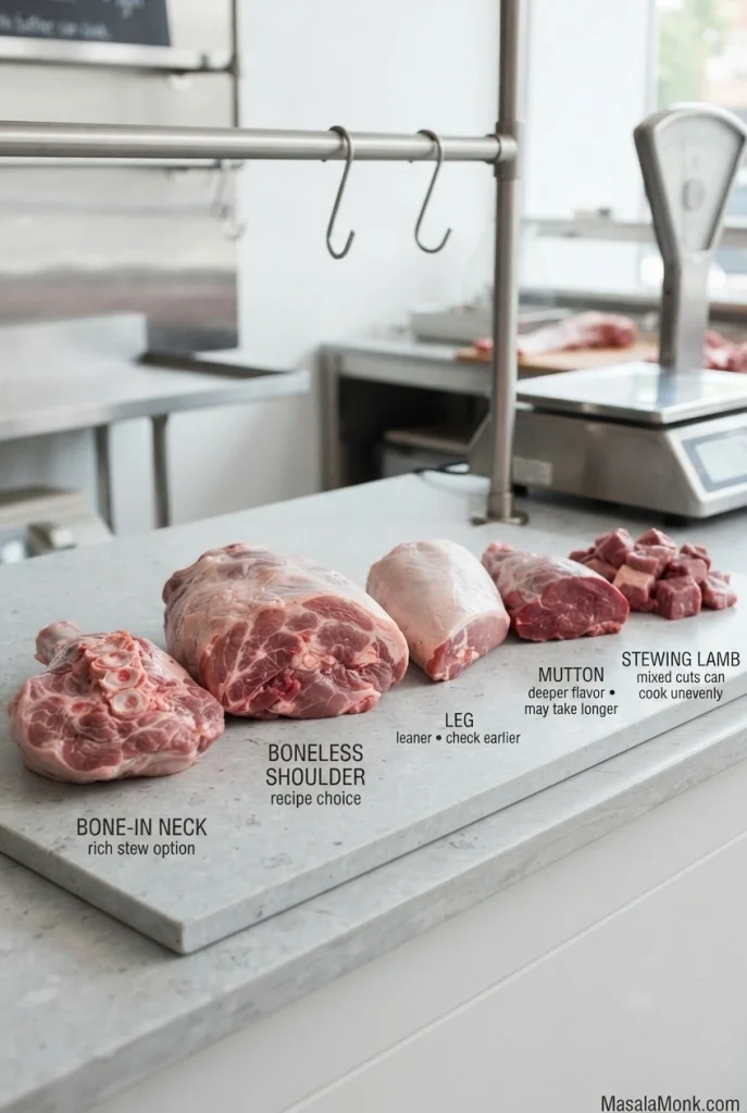 Comparison graphic showing bone-in lamb neck, boneless shoulder, lamb leg, mutton and stewing lamb with notes on how each behaves in Irish stew.
