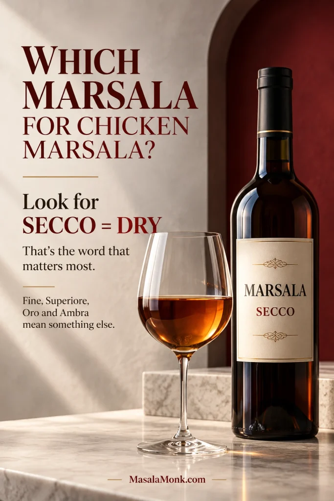 Bottle labeled Marsala Secco beside a glass of amber-brown Marsala wine, with text explaining that secco means dry.