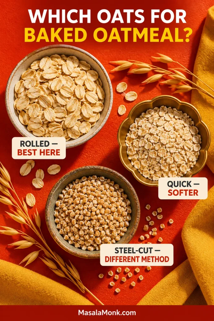 Three small bowls comparing broad old-fashioned rolled oats, finer quick oats and small chopped steel-cut oats.