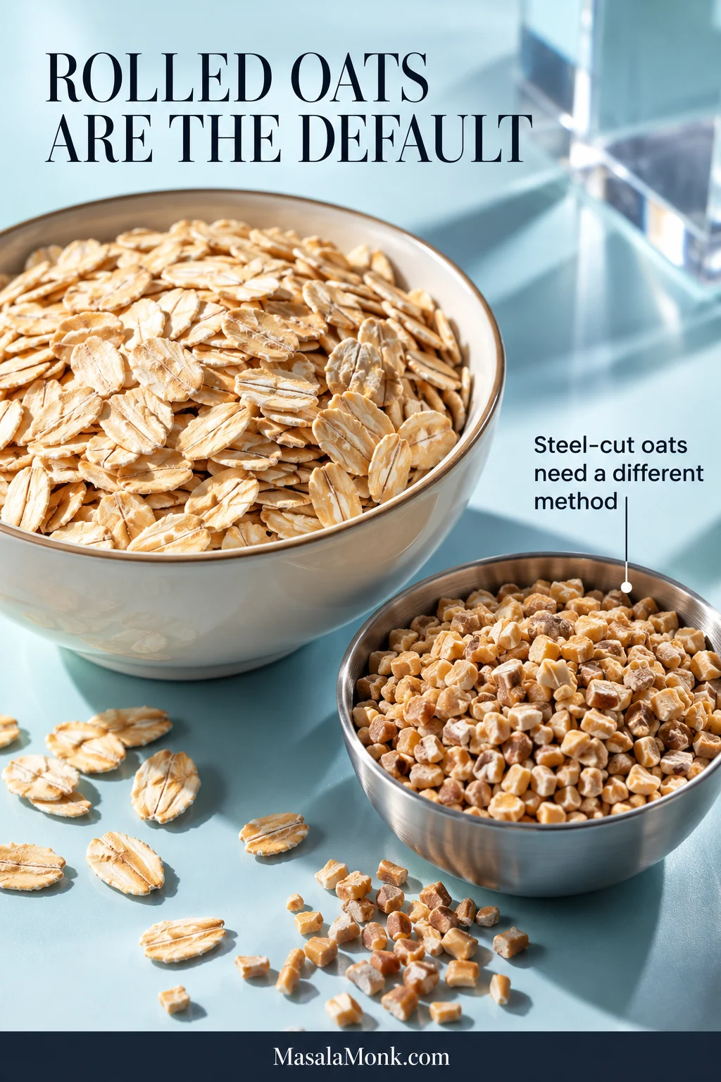 Large bowl of rolled oats beside a smaller metal bowl of irregular chopped steel-cut oat groats on a cool blue studio surface.
