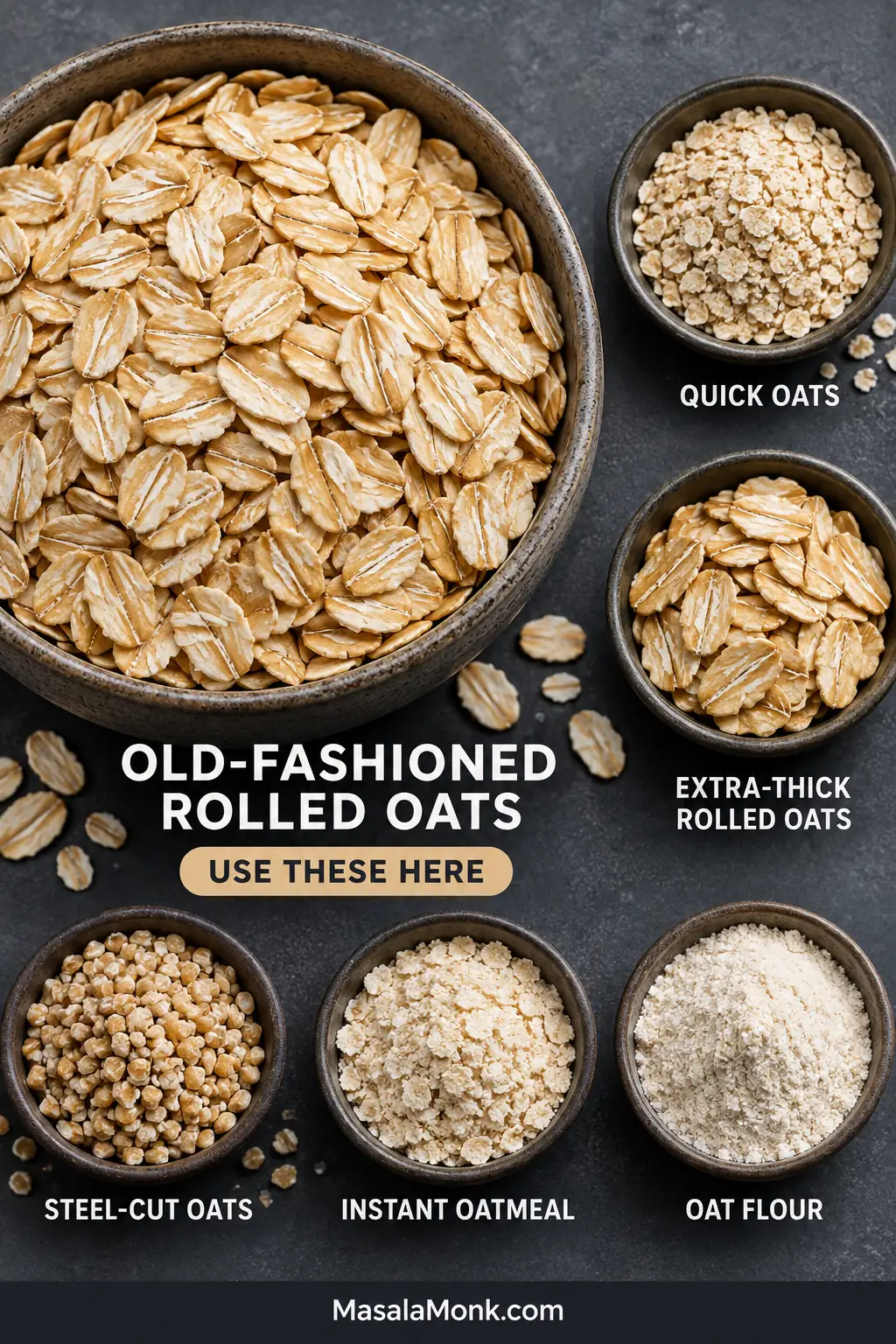 Old-fashioned rolled oats compared with quick oats, extra-thick rolled oats, steel-cut oats, instant oatmeal and oat flour.