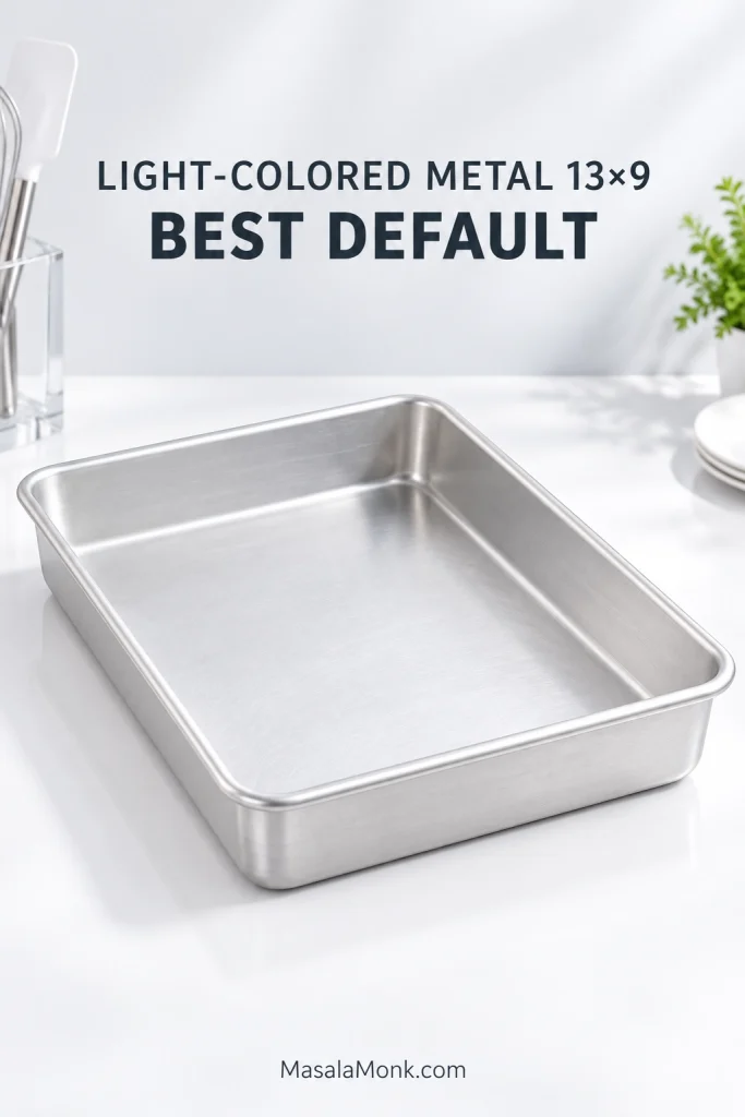 Empty light-colored 13-by-9-inch rectangular metal baking pan on a clean studio surface.